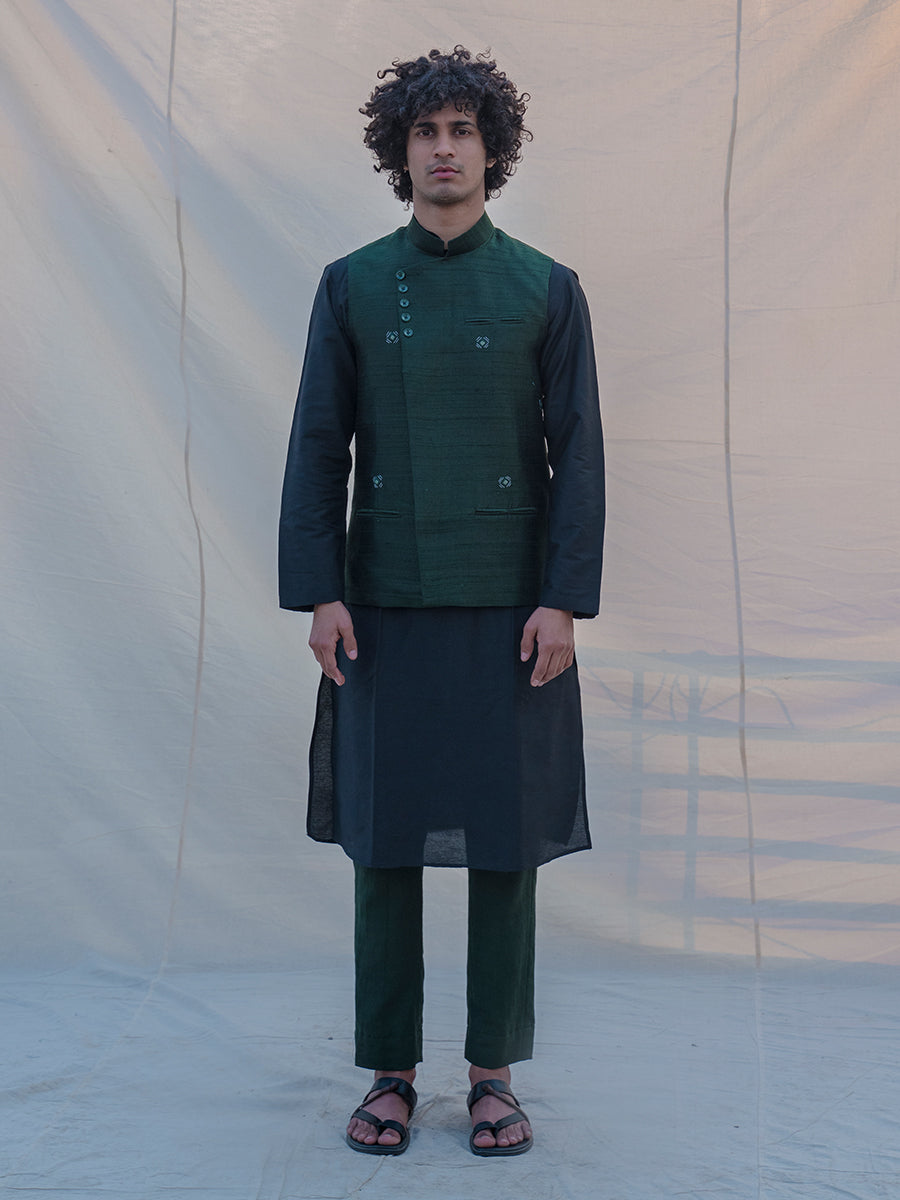 Green Hand embroidered Jacket with Long Kurta Set-0