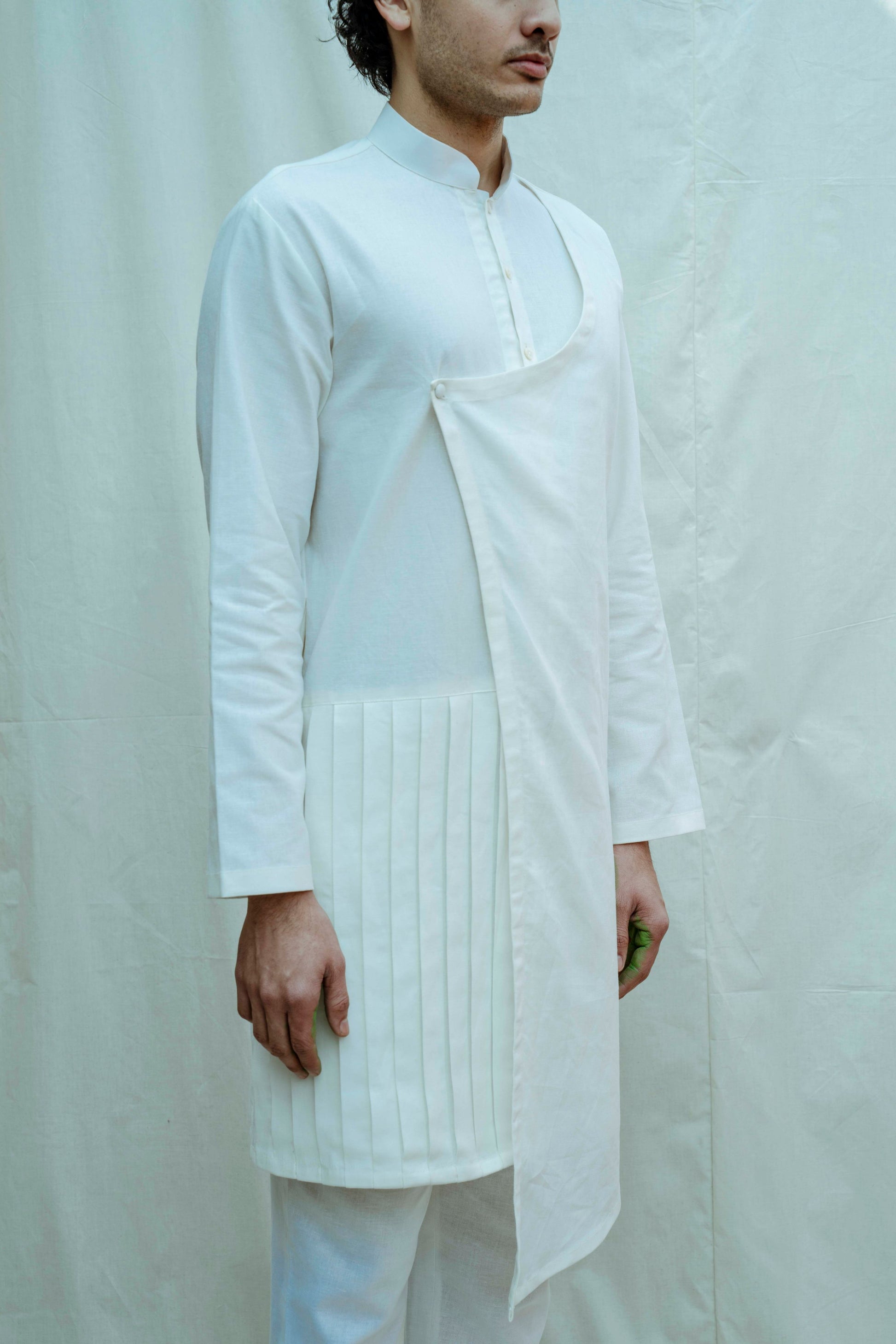 White Pleated Angrakha Kurta-2