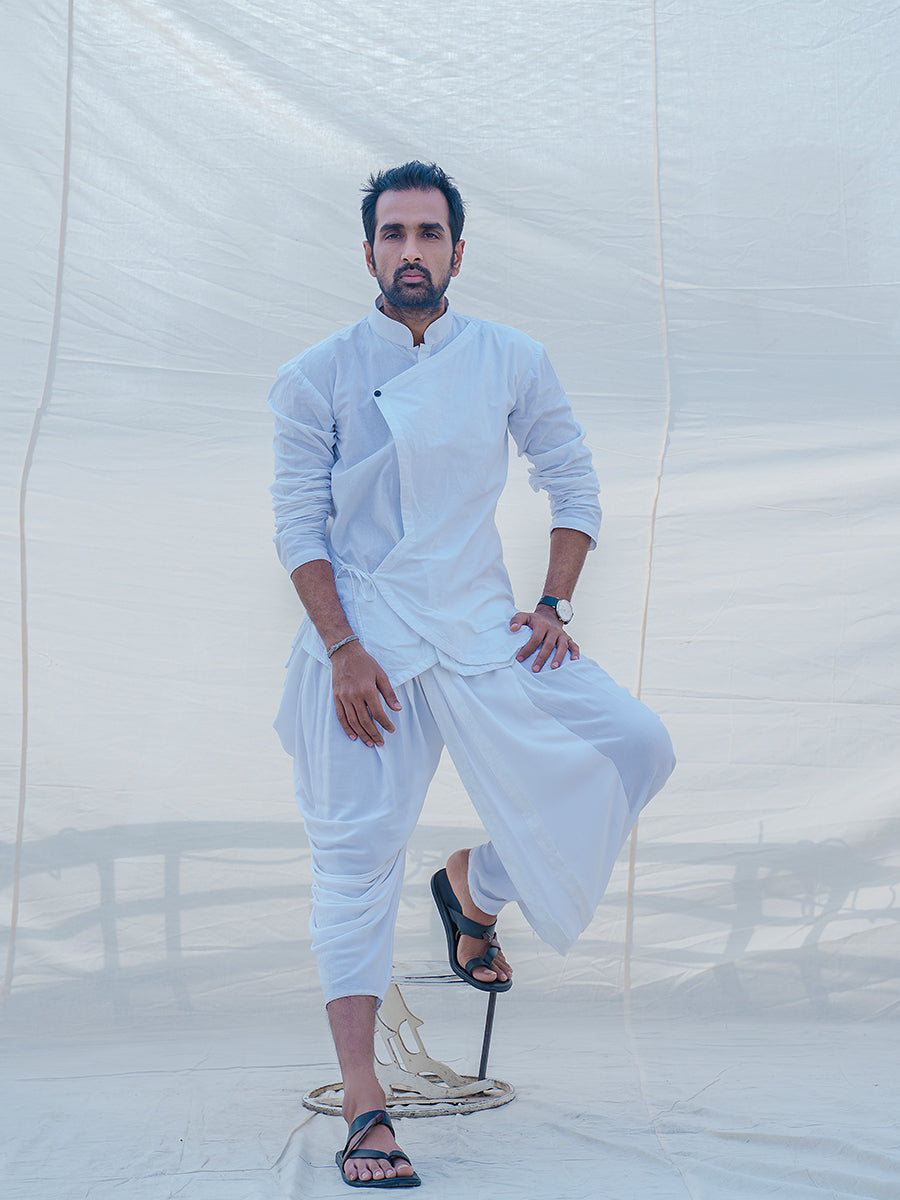 White & Divine Angrakha Kurta with Dhoti Set-0