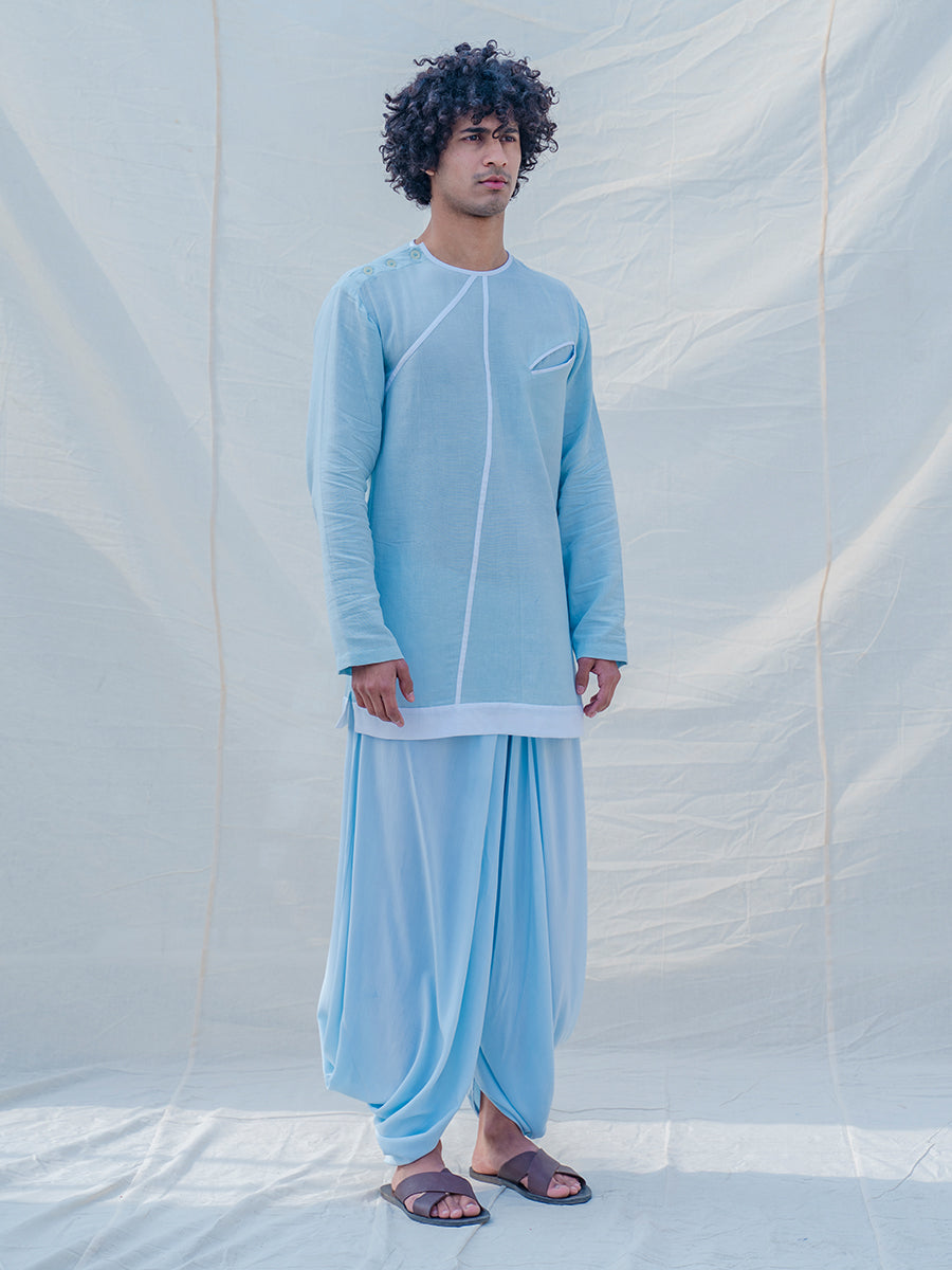 Cotton X Linen Drenched in Aqua Kurta Set-0