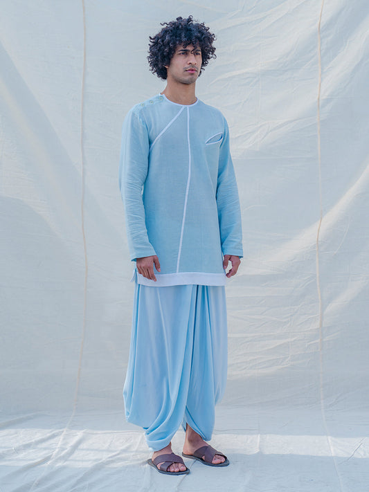 Cotton X Linen Drenched in Aqua Kurta Set-0