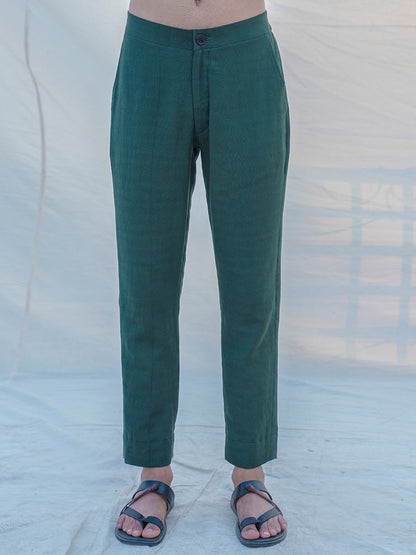 Cotton X Linen Bottled in Green Trouser-0