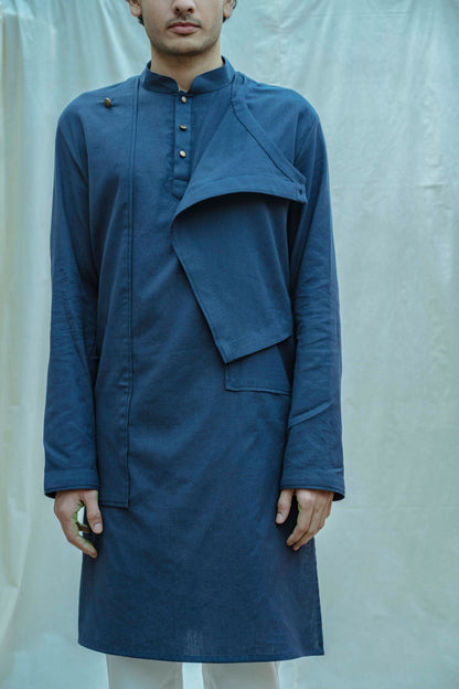 Cotton X Linen Royal Blue Overlap Kurta-3