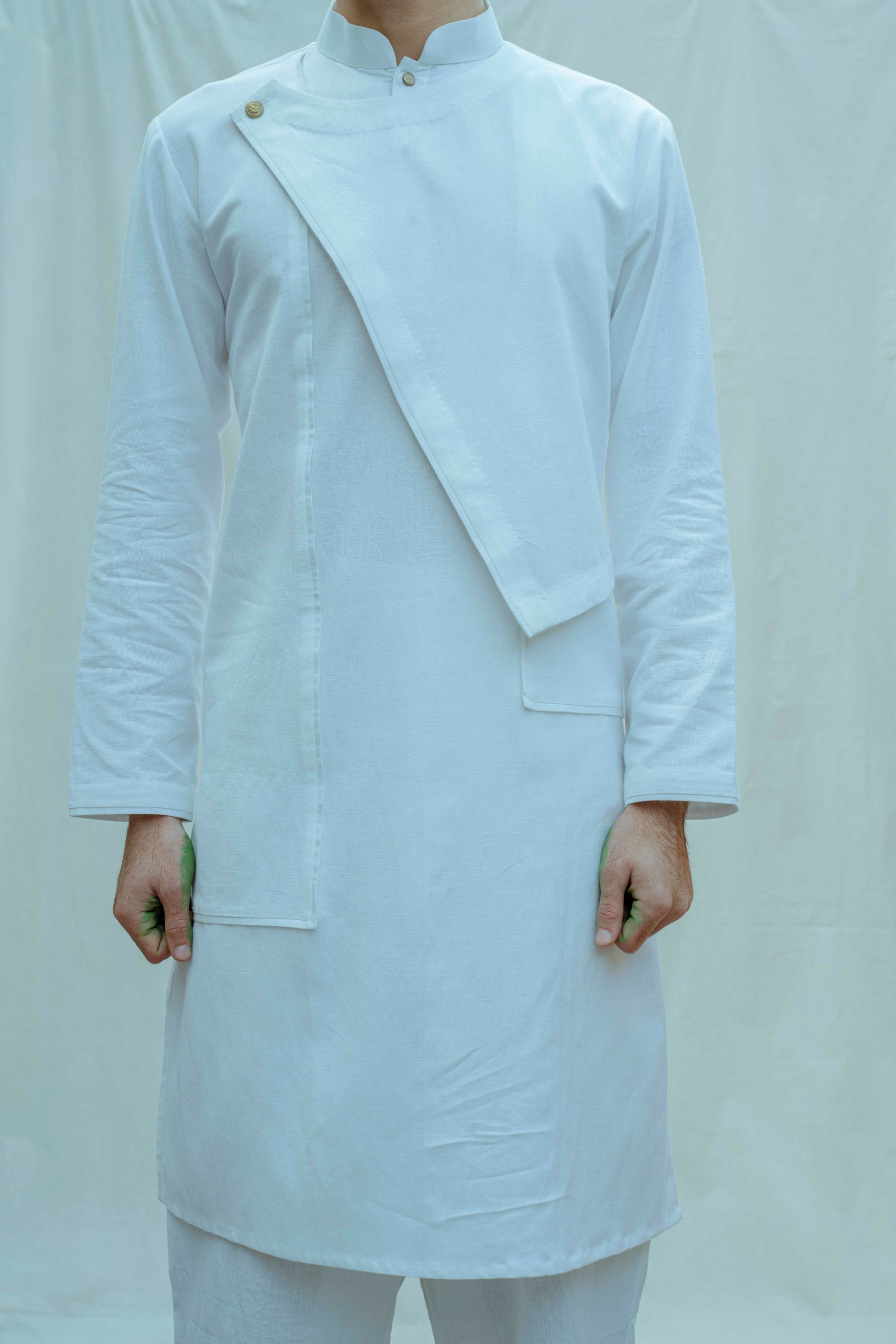 Cotton X Linen Overlap Kurta in White-2