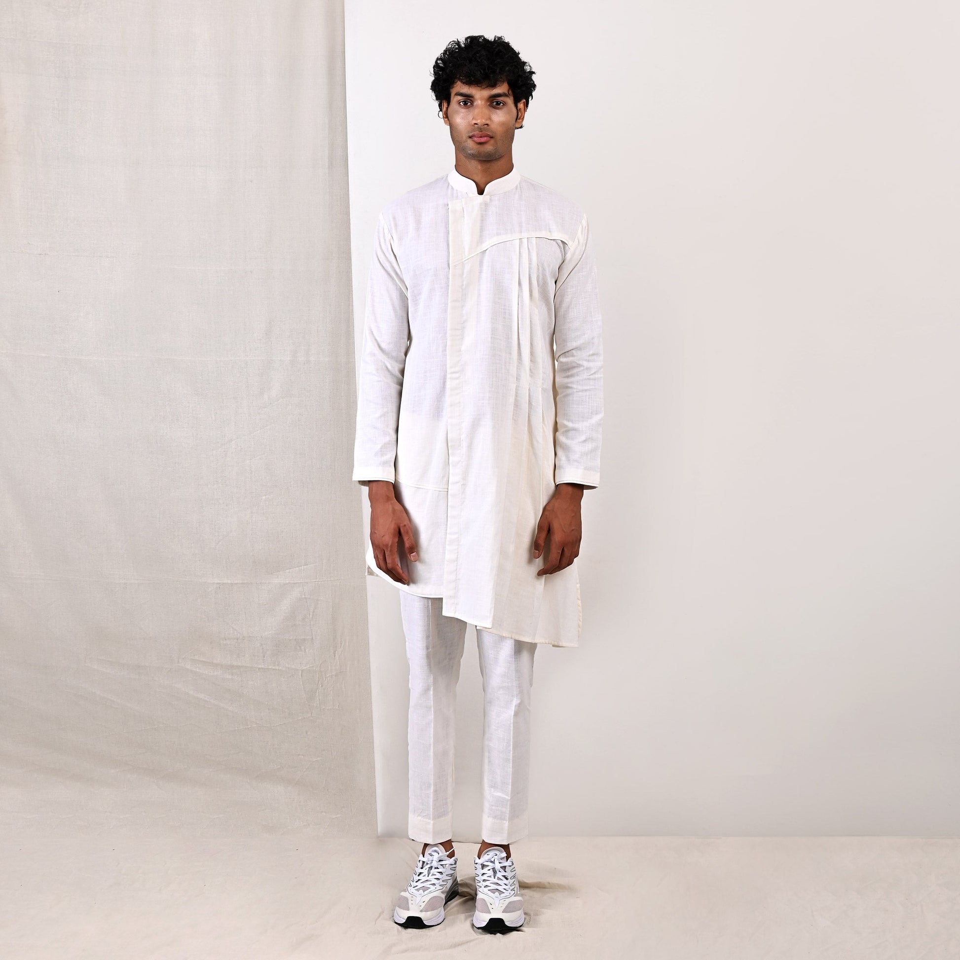 Landon - Off White Asymmetrical Pleated Kurta Set-0