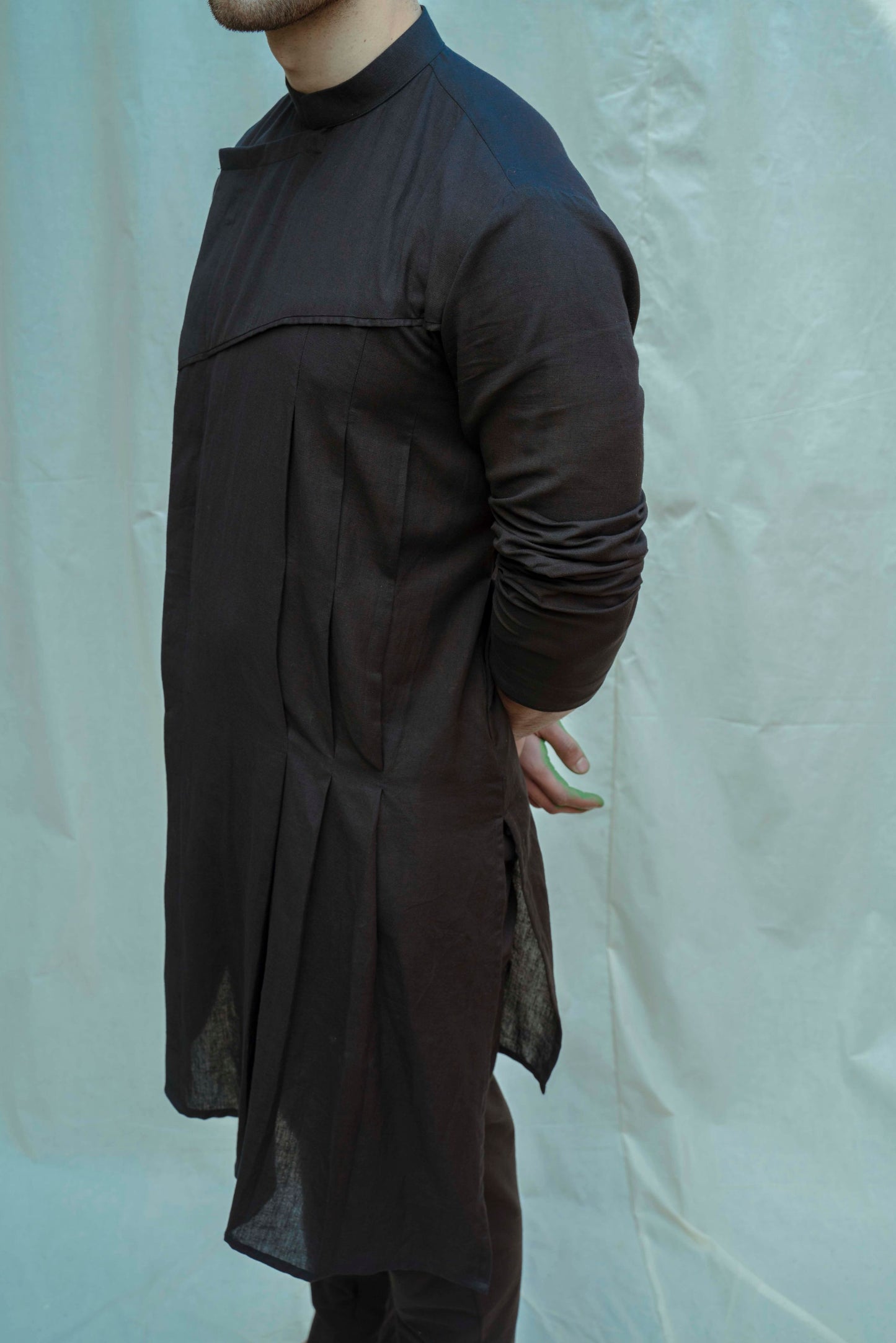 Cotton X Linen Black Asymmetry Pleated Kurta with Pant Set-2