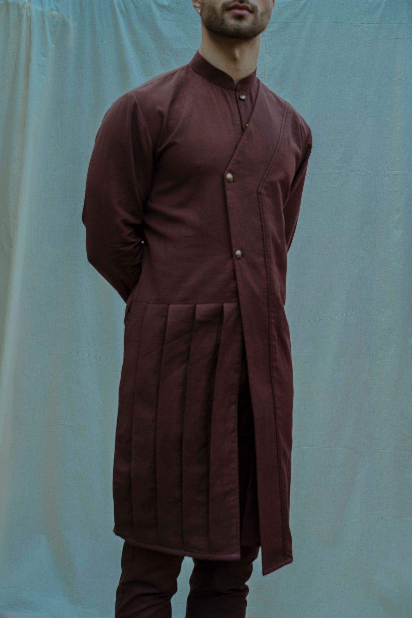 Warrior - Brown Asymmetry Pleated Kurta with Pant Set-2