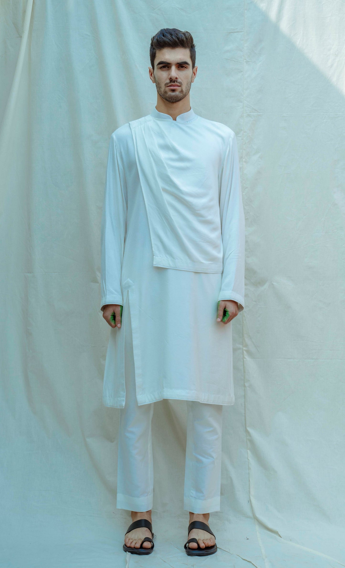 White Overlapped Cowl Kurta-0