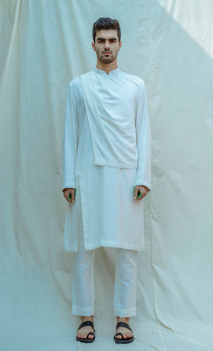 White Overlapped Cowl Kurta-0