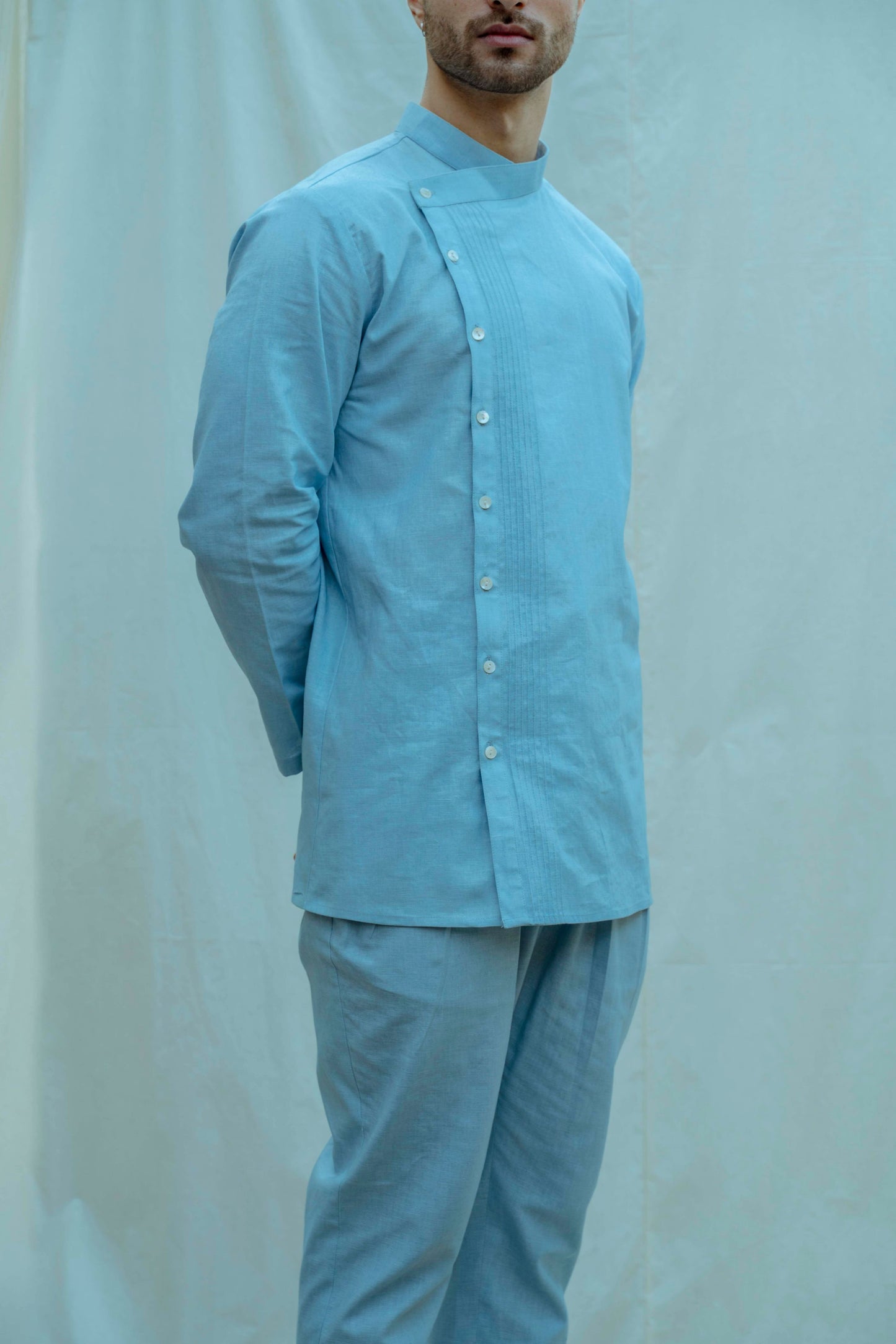 Light Blue Overlapped Pintuck Shirt-2