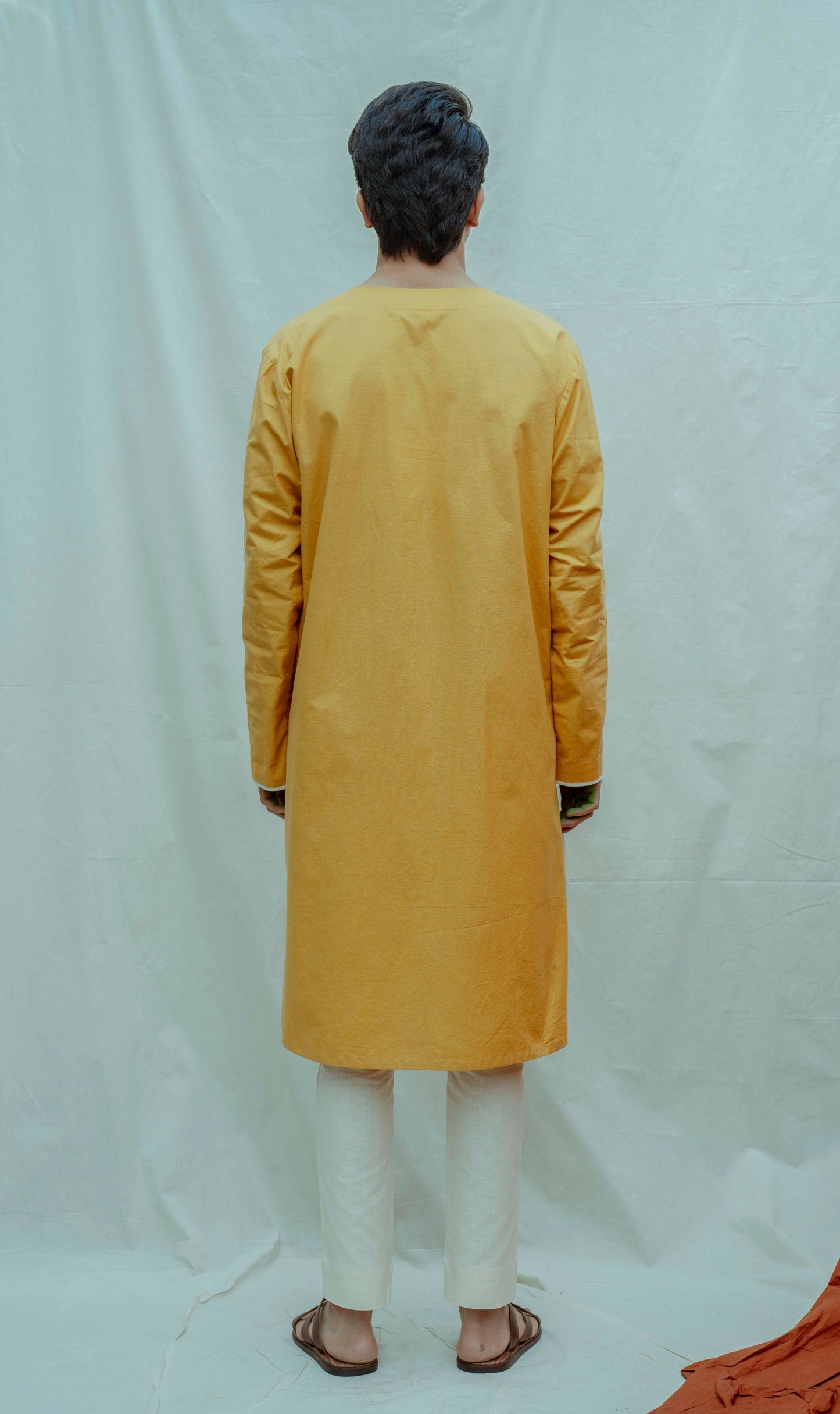 Mustard Asymmetric Flap Neck Kurta with Off White Pant Set-1