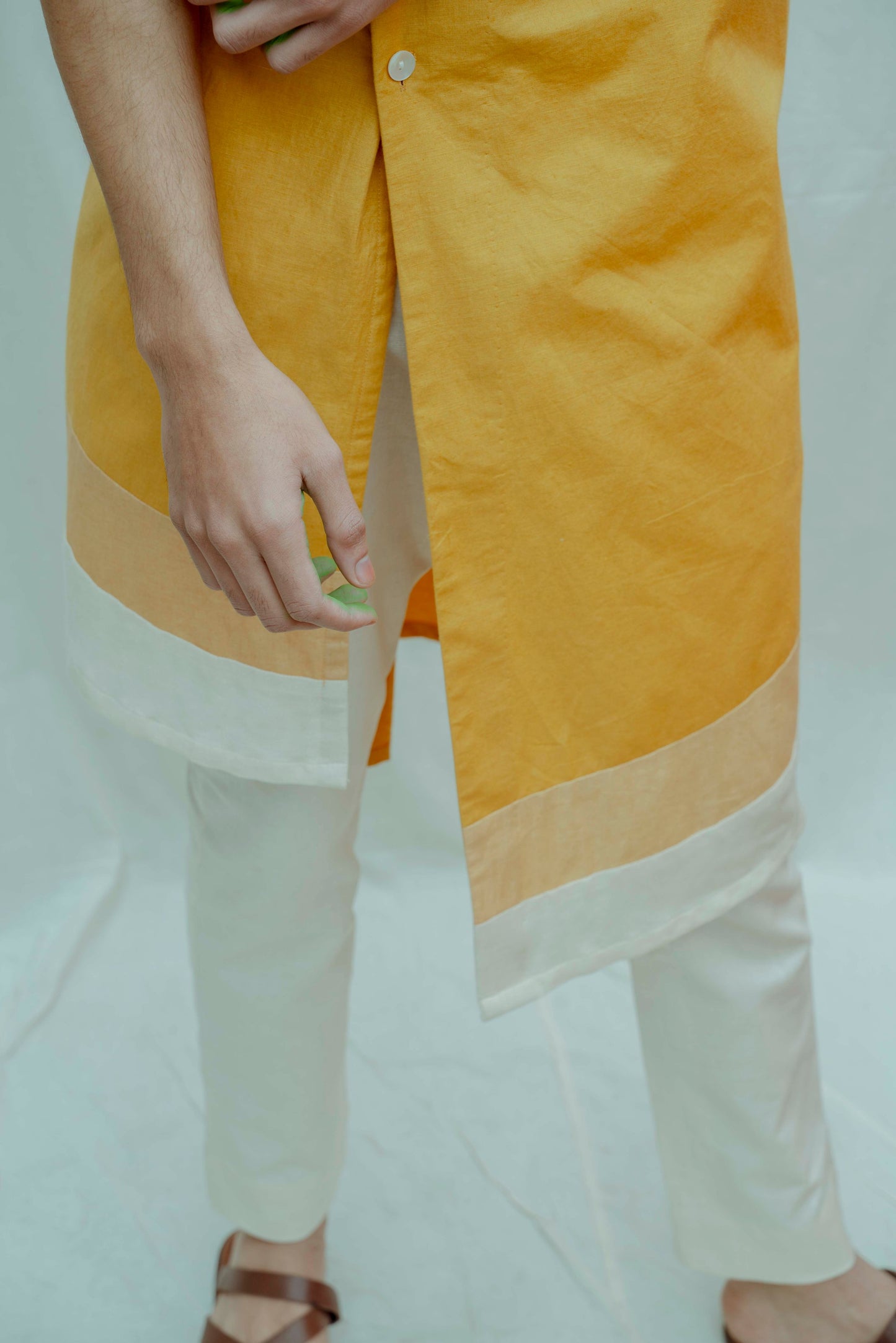 Mustard Asymmetric Flap Neck Kurta with Off White Pant Set-2