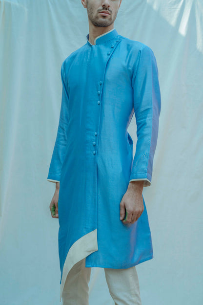 Chanderi Silk - Blue Overlapped Panel Kurta Set-1