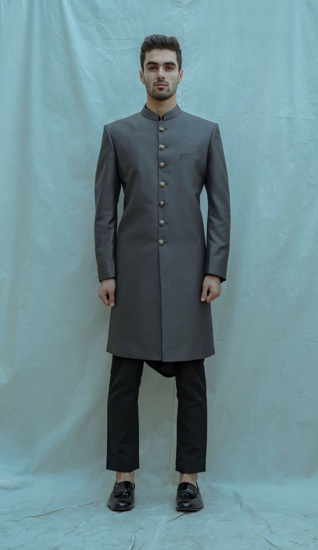 TEXTURED GREY ACHKAN WITH COWL KURTA SET-0