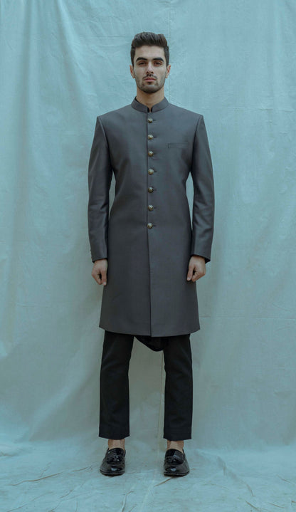 TEXTURED GREY ACHKAN WITH COWL KURTA SET-0