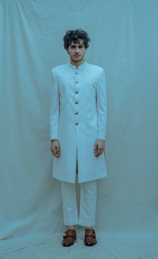 Off white Paneled Achkan Set-0