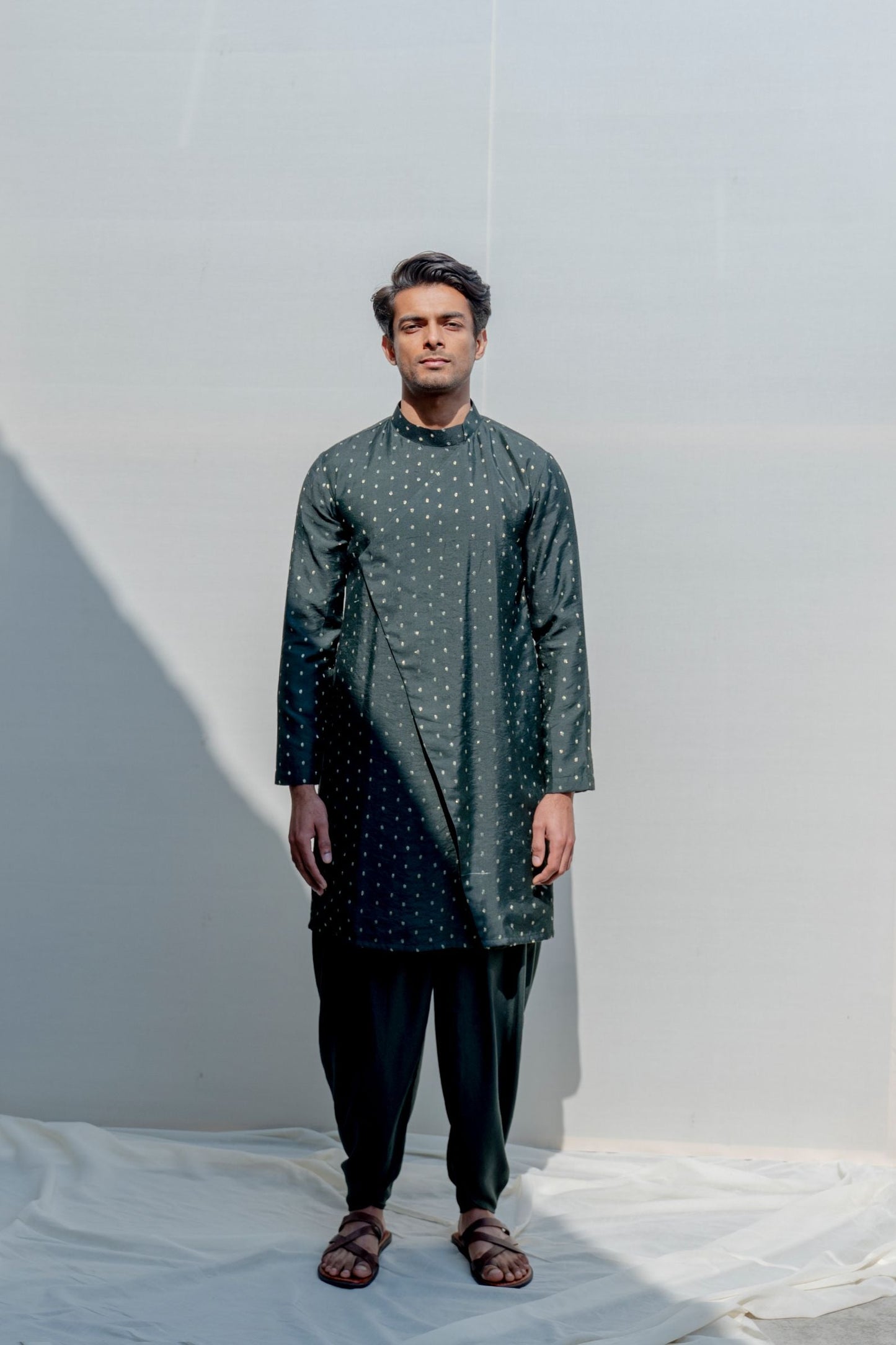 Vagabong- Bottle Green Dotted Asymmetric Kurta & Tulip Pants Set-0