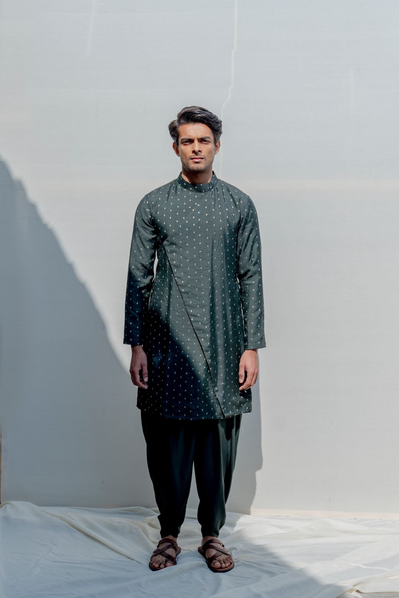 Vagabong- Bottle Green Dotted Asymmetric Kurta & Tulip Pants Set-3