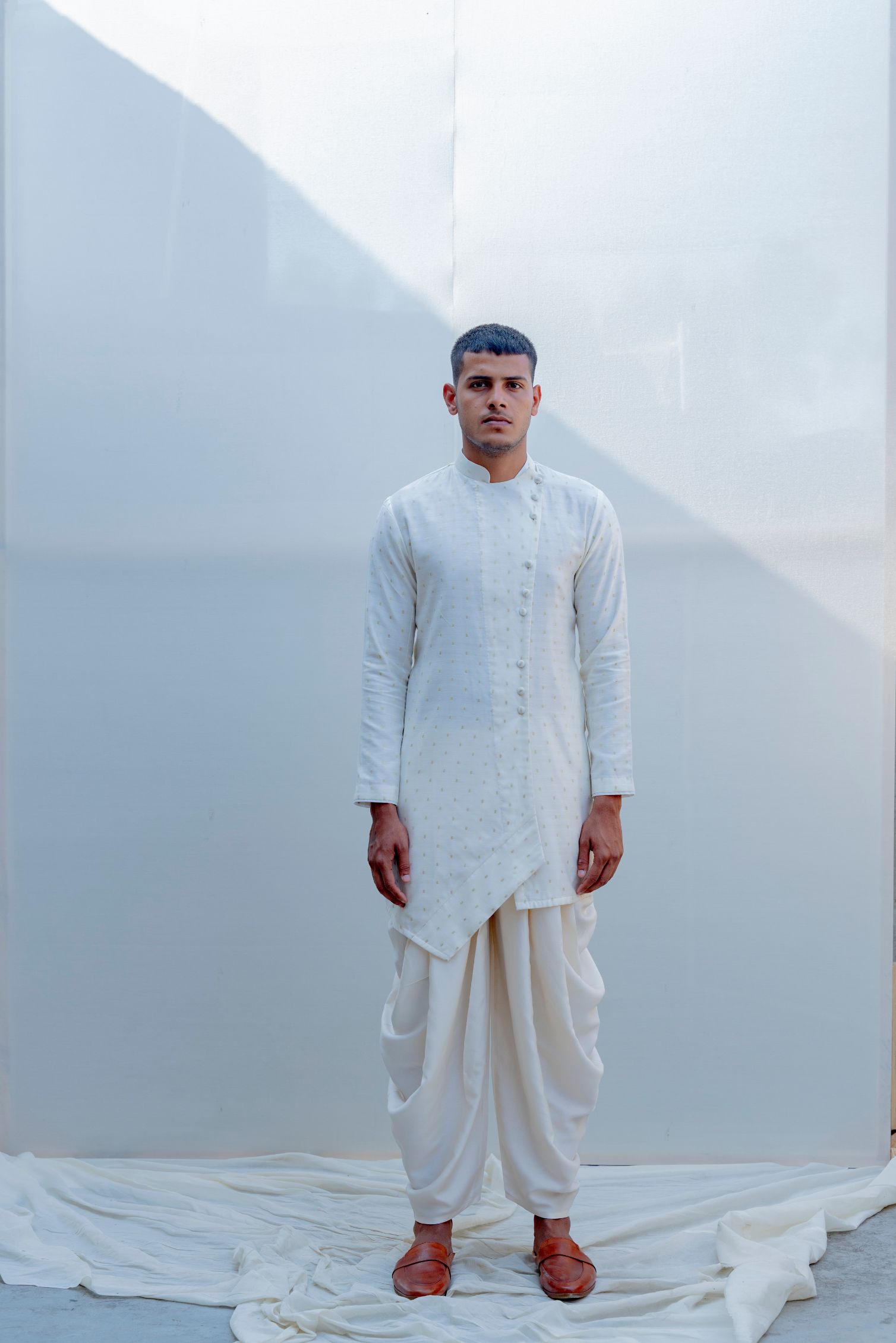 Wayfarer - Off-White Asymmetric Kurta & Dhoti Set-0