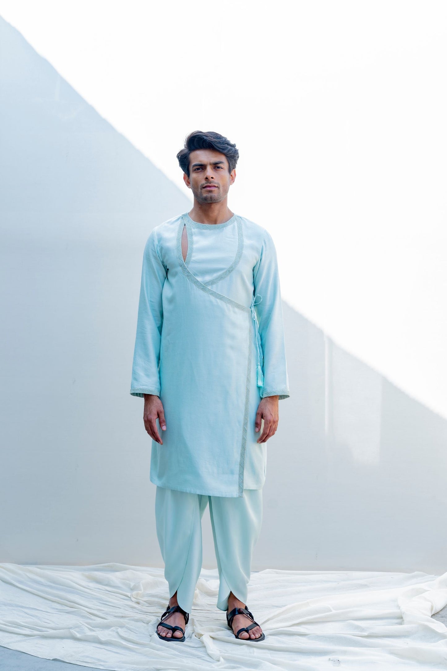 Mirjai- Light Blue Angrakha Kurta With Tulip Pants Set-0