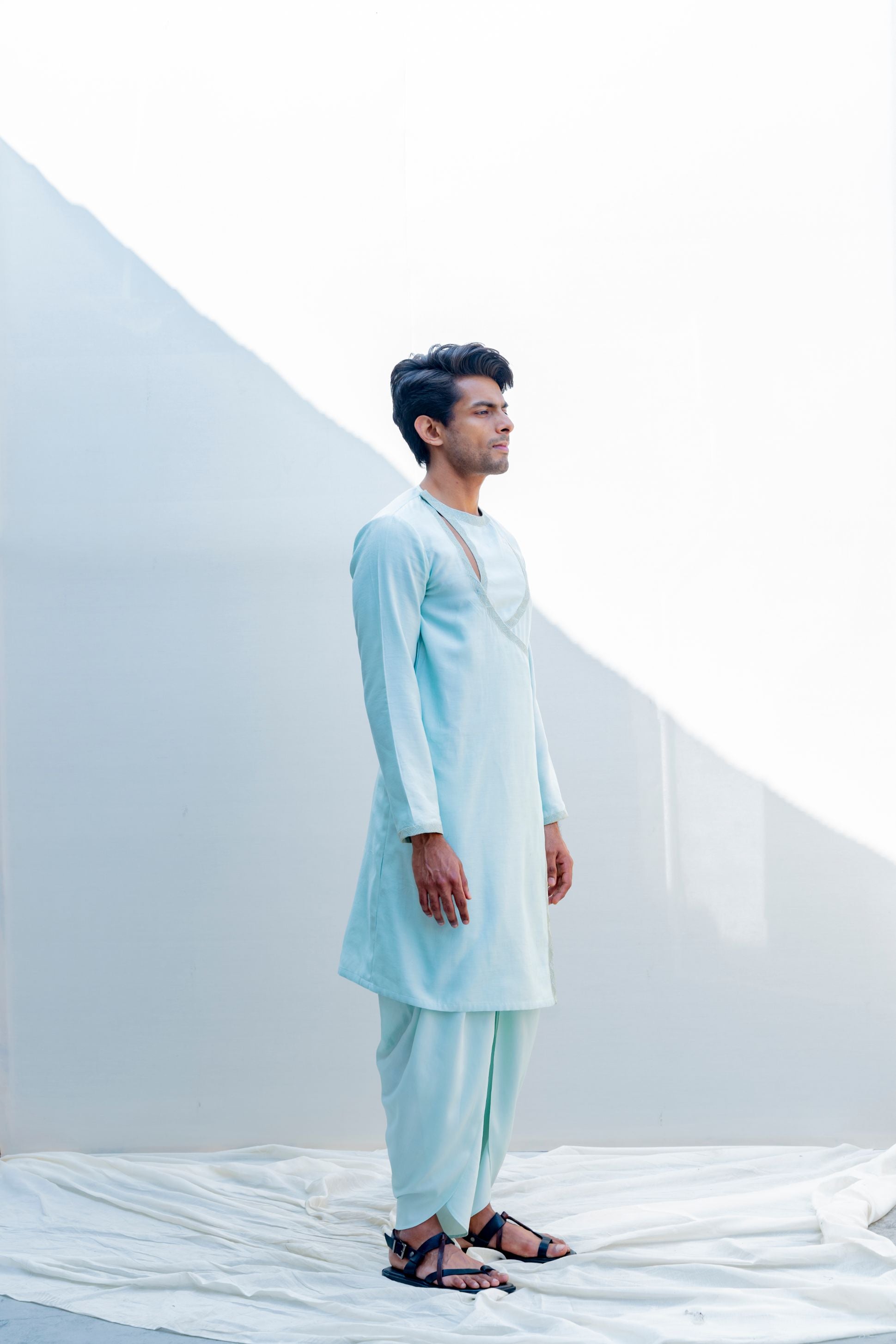 Mirjai- Light Blue Angrakha Kurta With Tulip Pants Set-1