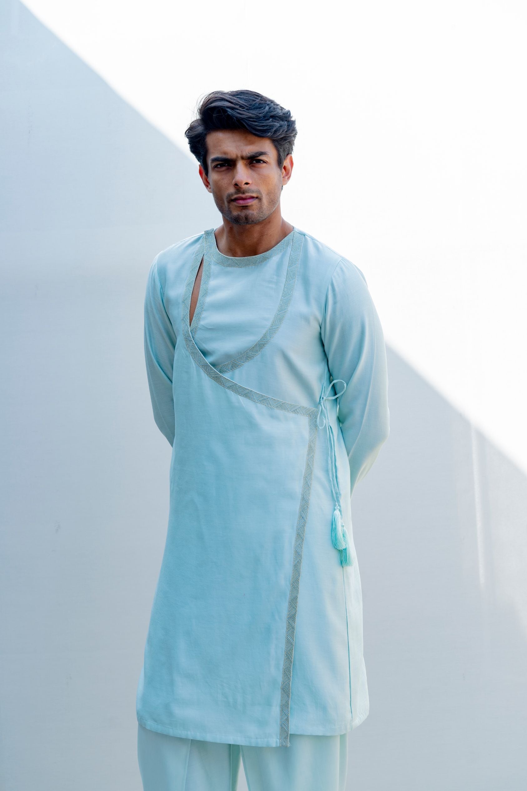 Mirjai- Light Blue Angrakha Kurta With Tulip Pants Set-4