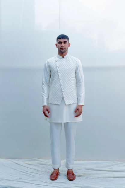 ROMANI - WHITE EMBROIDERED NEHRU JACKET SET-0