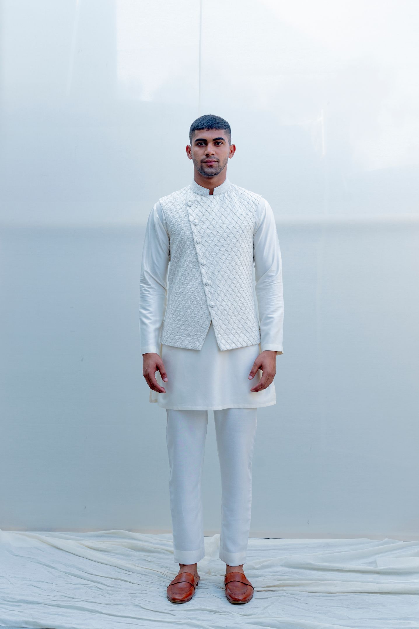 Romani - Milky White Embroidered Nehru Jacket with Kurta Set-0