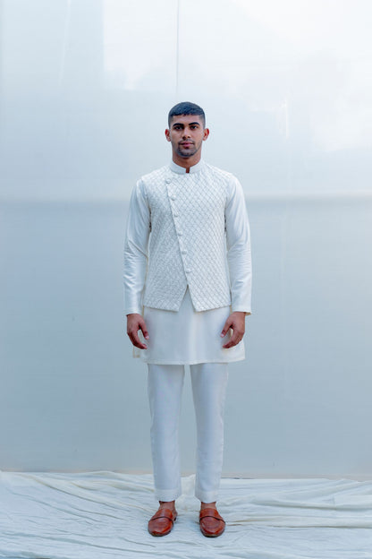 Romani - Milky White Embroidered Nehru Jacket with Kurta Set-0