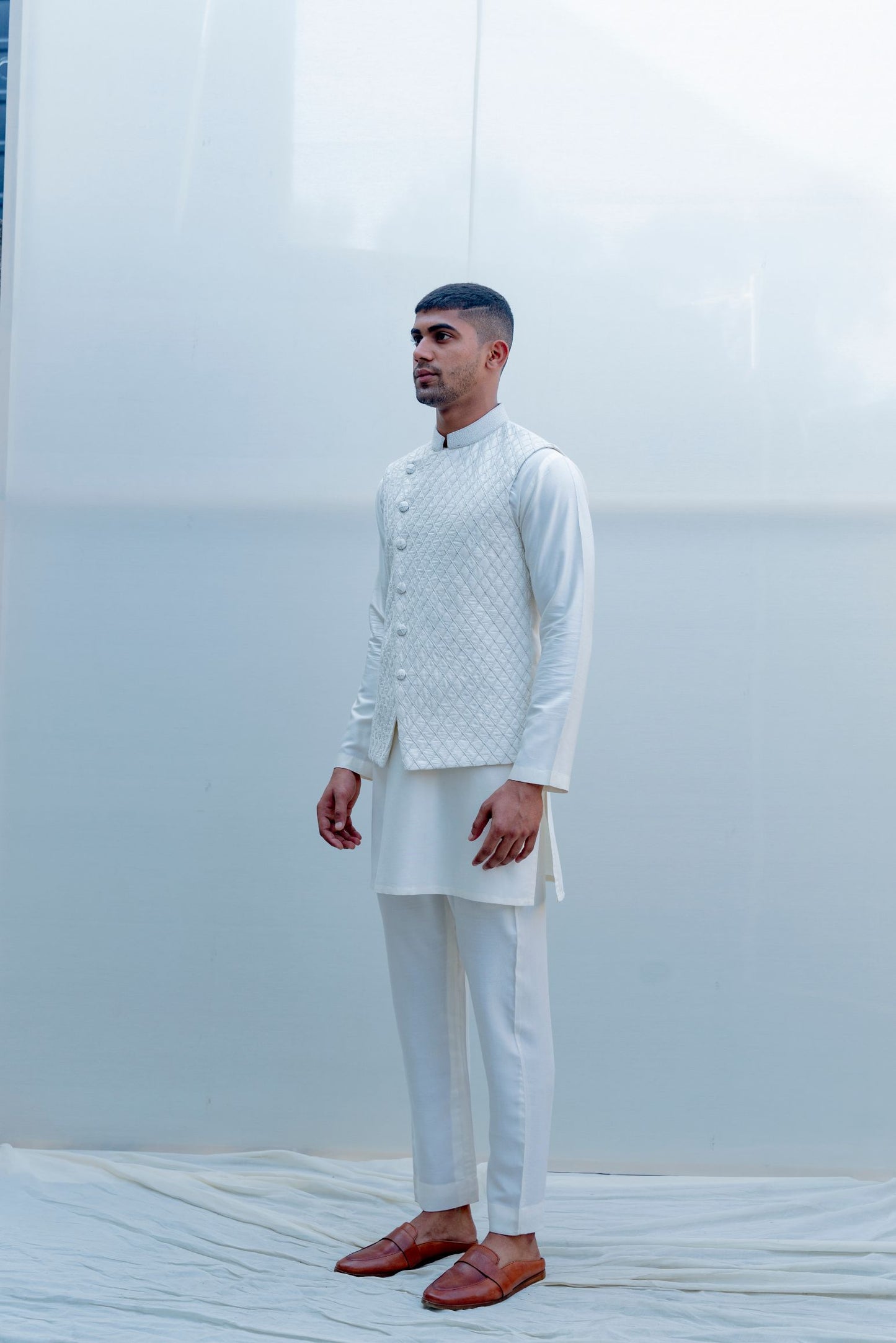 Romani - Milky White Embroidered Nehru Jacket with Kurta Set-1