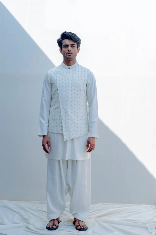 Maasai -Off White Overlapped Embroidered Jacket With kurta set-0