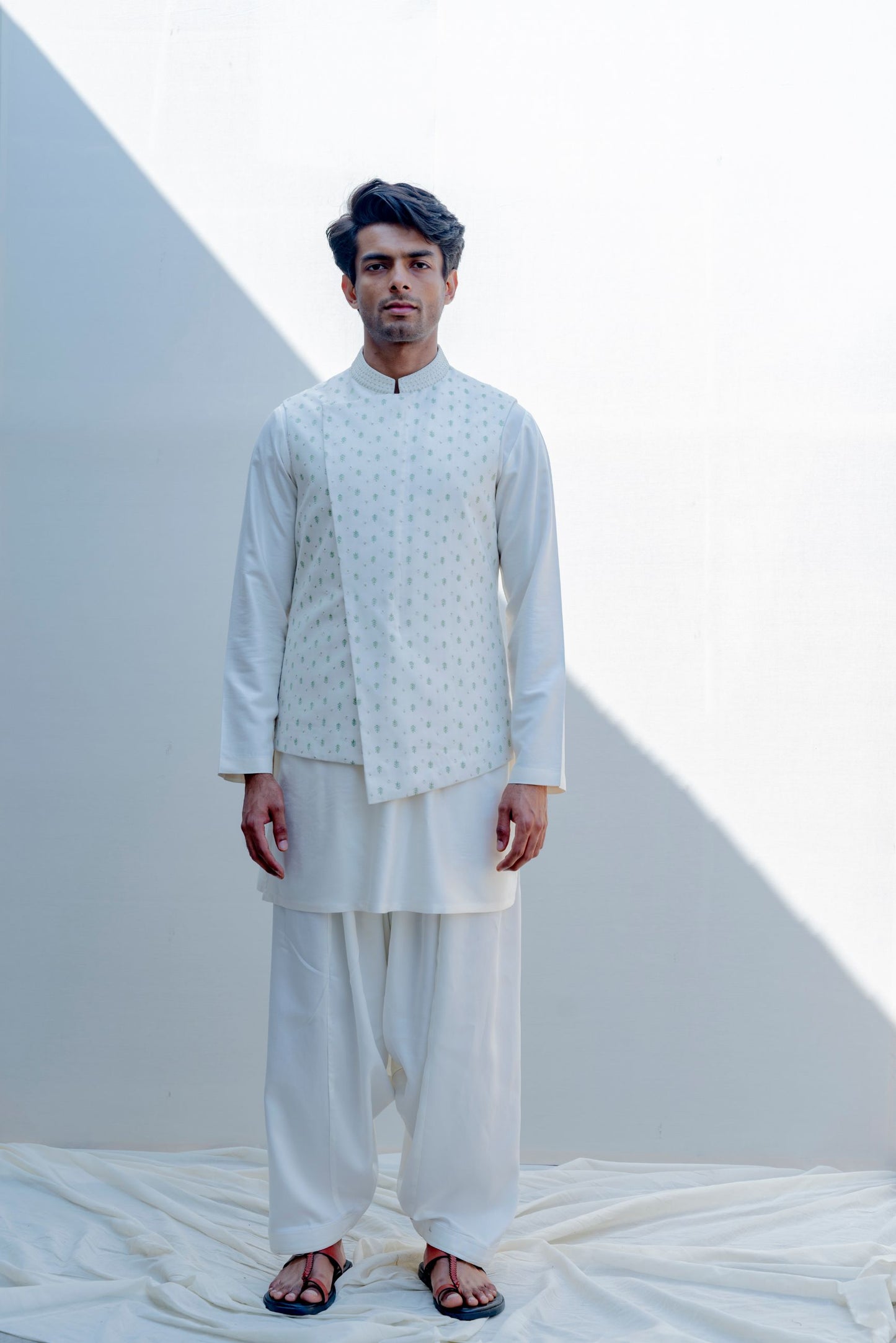 Maasai- Off White Overlapped Cross Embroidered Jacket With Kurta Set-0