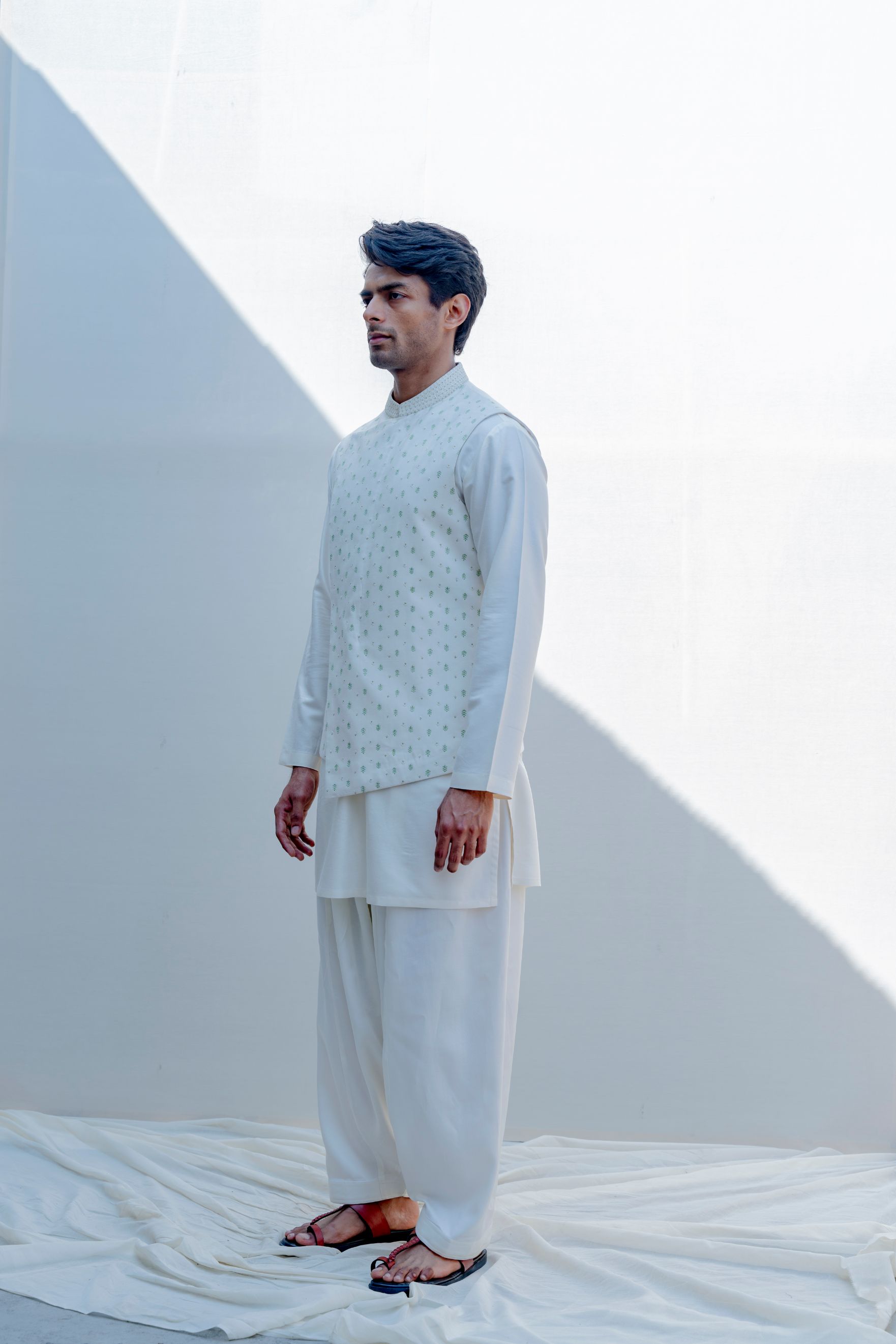 Maasai- Off White Overlapped Cross Embroidered Jacket With Kurta Set-2