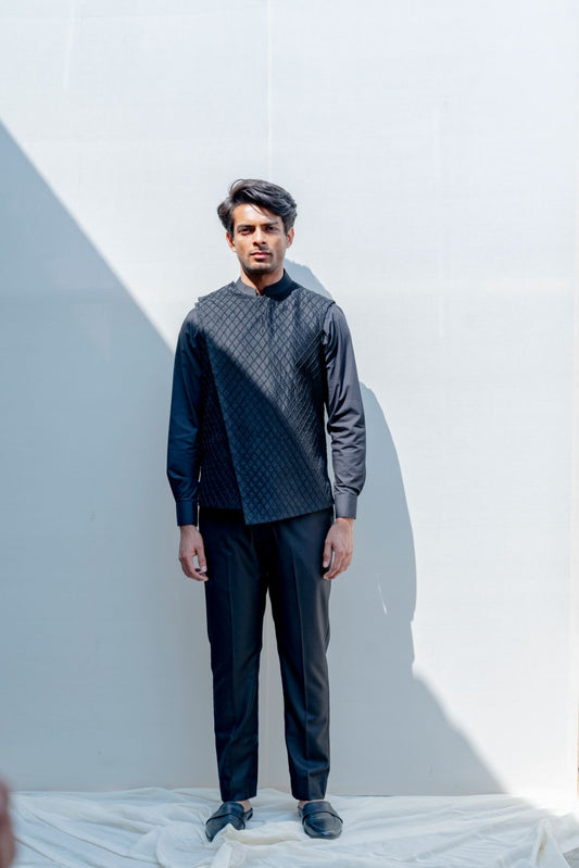 Gitano- Black Overlapped Cross Embroidered Jacket With Kurta Set-0