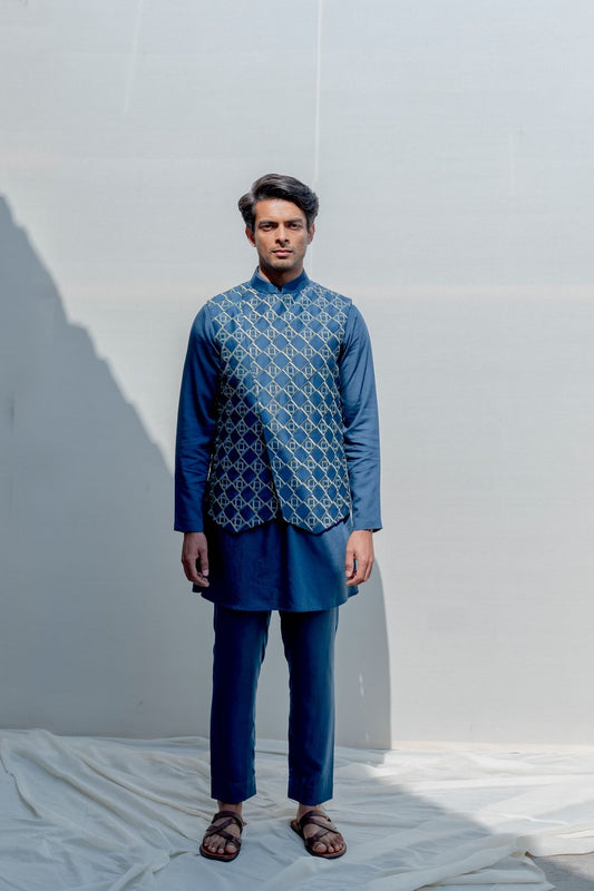 Prisem- Turquoise Blue Overlapped Embroidered Jacket with Kurta Set-0