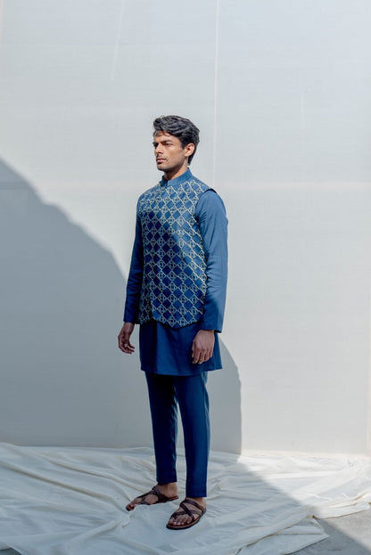 Prisem- Turquoise Blue Overlapped Embroidered Jacket with Kurta Set-1