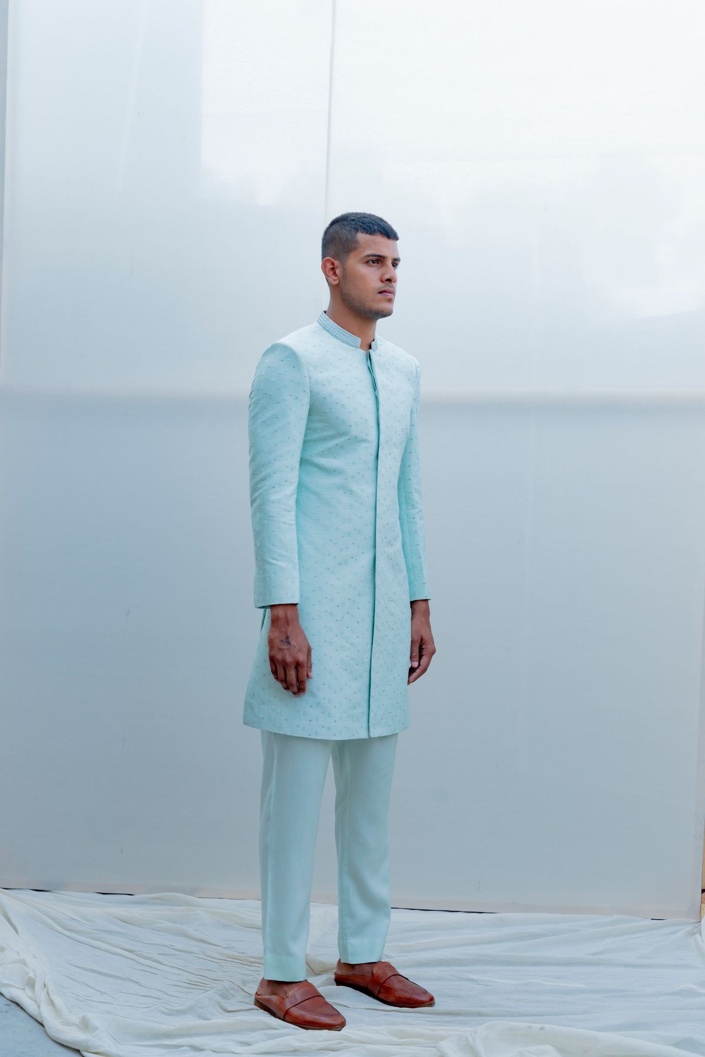 Epitome- Light Blue Embroidered Achkan with Kurta Set-1