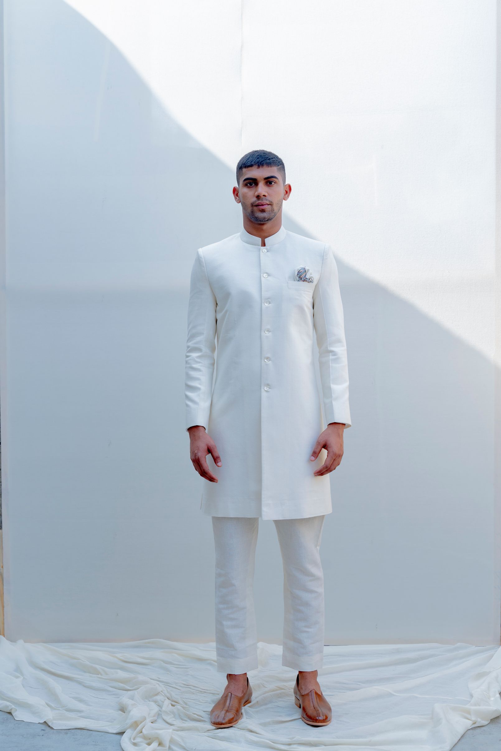 Prime - Off-White Achkan Jacket Set with Embroidered Pocket Square-0