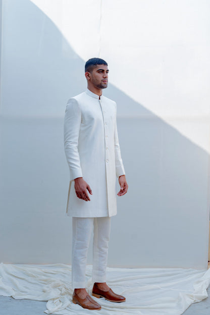 Prime - Off-White Achkan Jacket Set with Embroidered Pocket Square-1