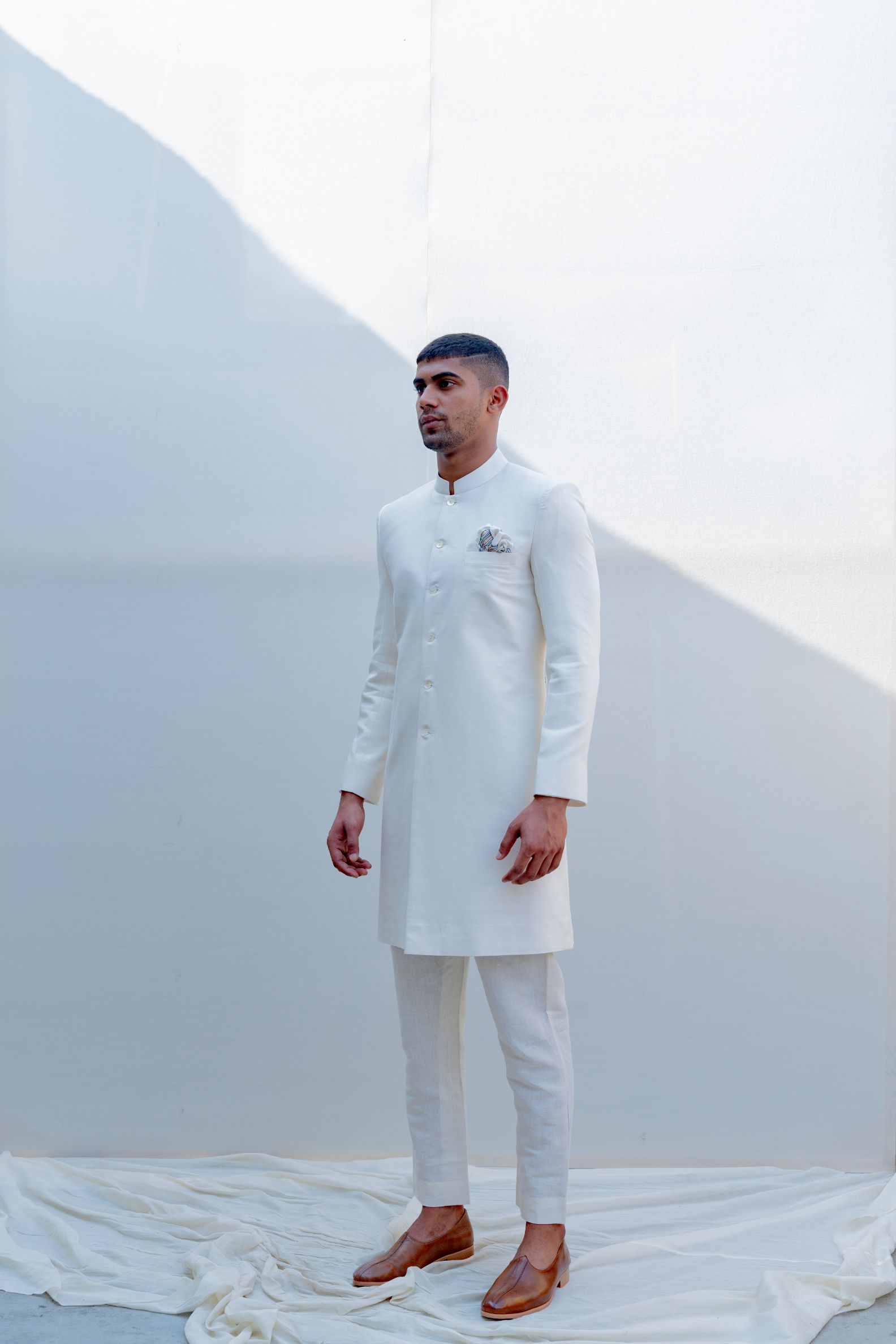 Prime - Off-White Achkan Jacket Set with Embroidered Pocket Square-2