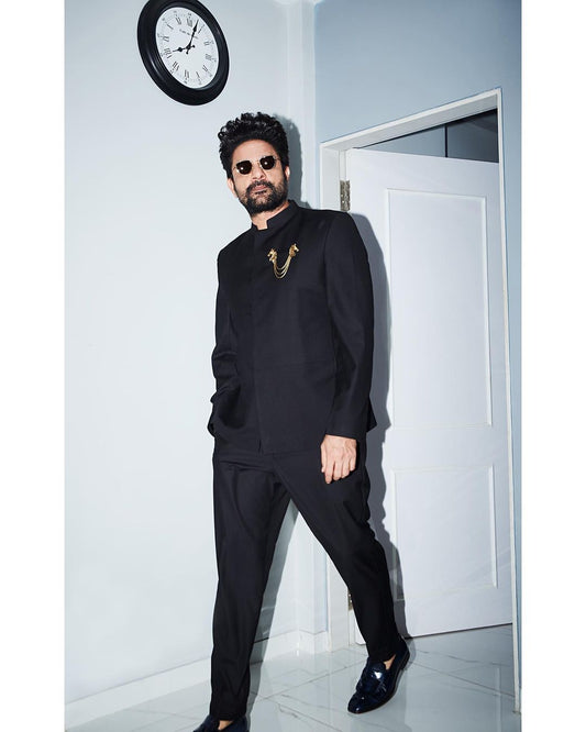 Jaideep Ahlawat in our Majestic- Black Asymmetric Indo-Western Jacket Set-0