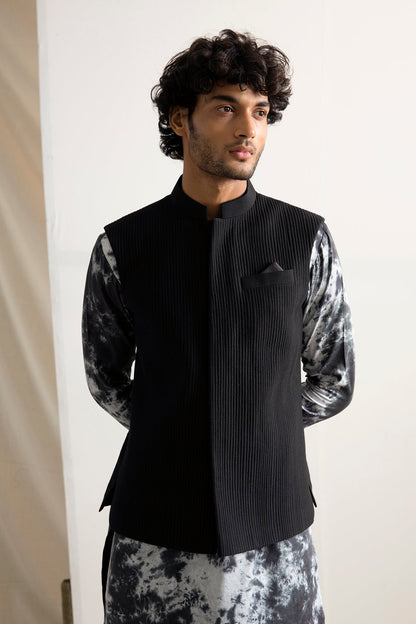 Callum - Black Quilted Nehru Jacket with Tie & Dye Kurta Set-1