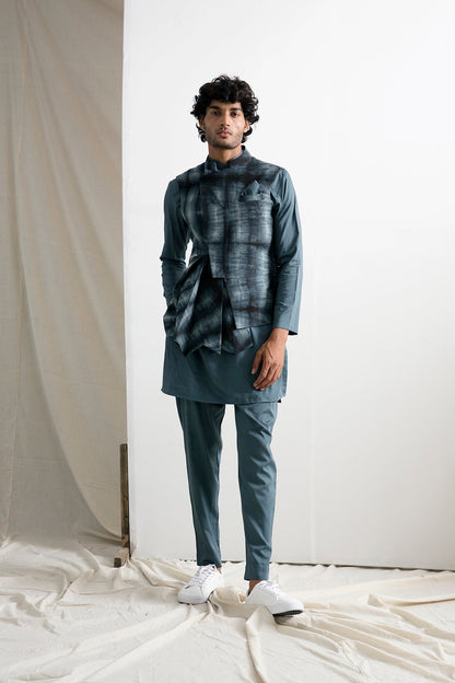 Jeff -Tie & Dye Asymmetric Jacket with Grey Kurta Set-0