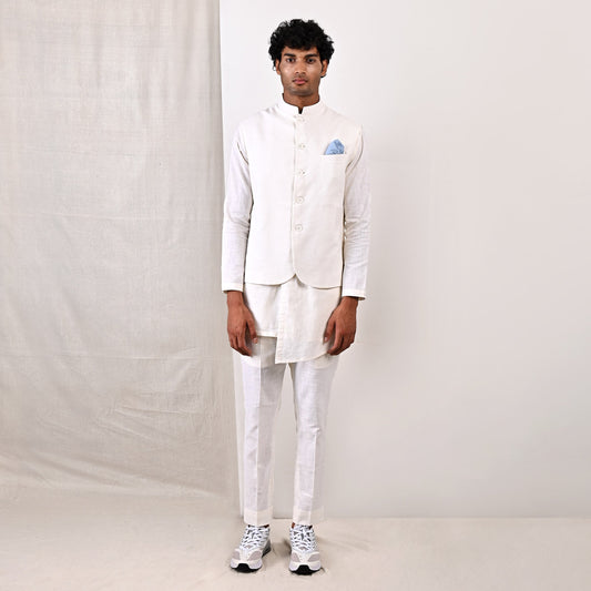 Layne - Off White Nehru Jacket with Asymmetrical Overlapped Kurta Set-0