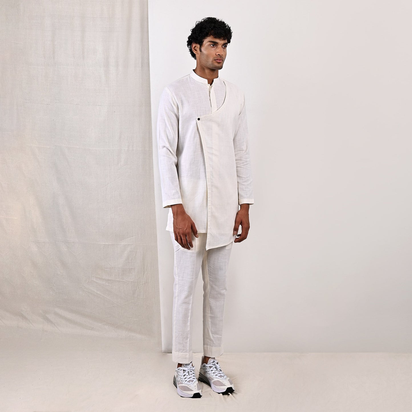 Layne - Off White Nehru Jacket with Asymmetrical Overlapped Kurta Set-1