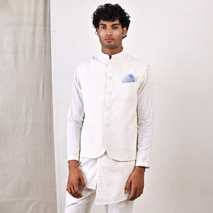 Layne - Off White Nehru Jacket with Asymmetrical Overlapped Kurta Set-2