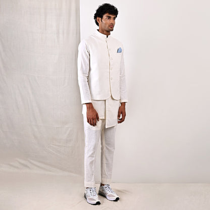 Layne - Off White Nehru Jacket with Asymmetrical Overlapped Kurta Set-3