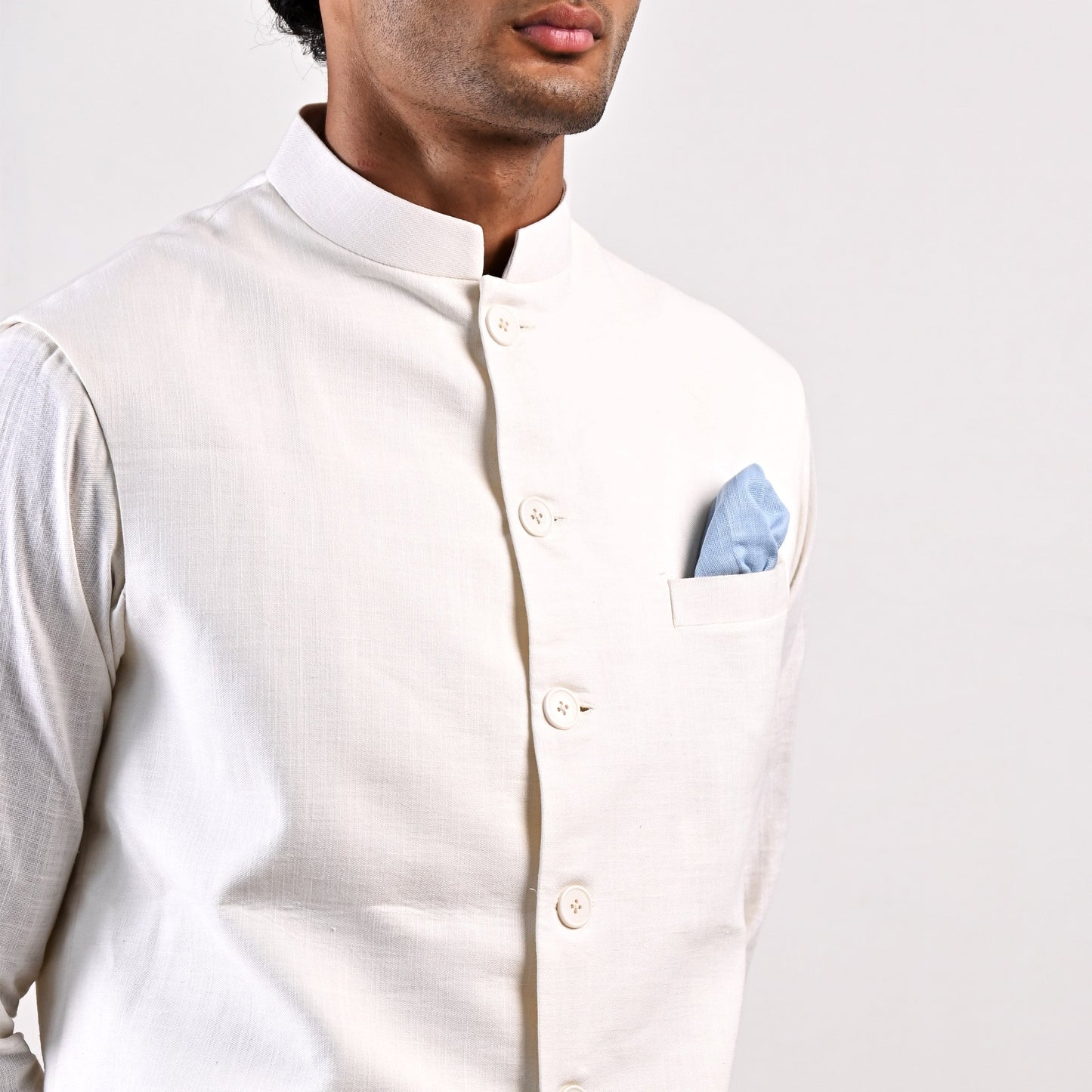 Layne - Off White Nehru Jacket with Asymmetrical Overlapped Kurta Set-4