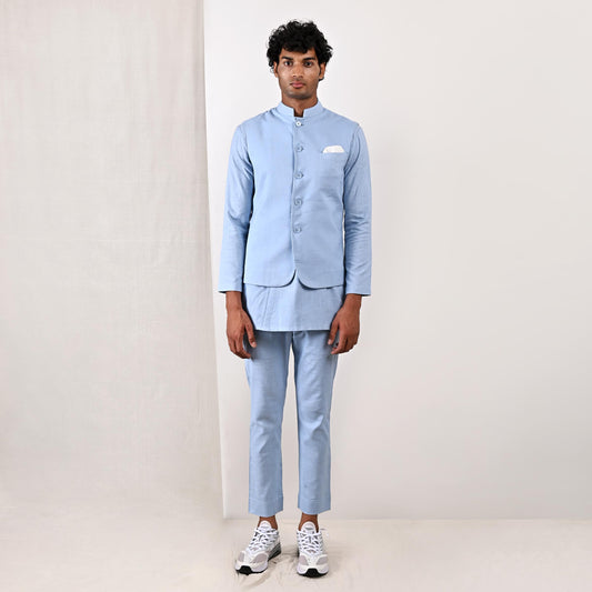 Ashton - Light Blue Nehru Jacket with Asymmetrical Kurta Set-0