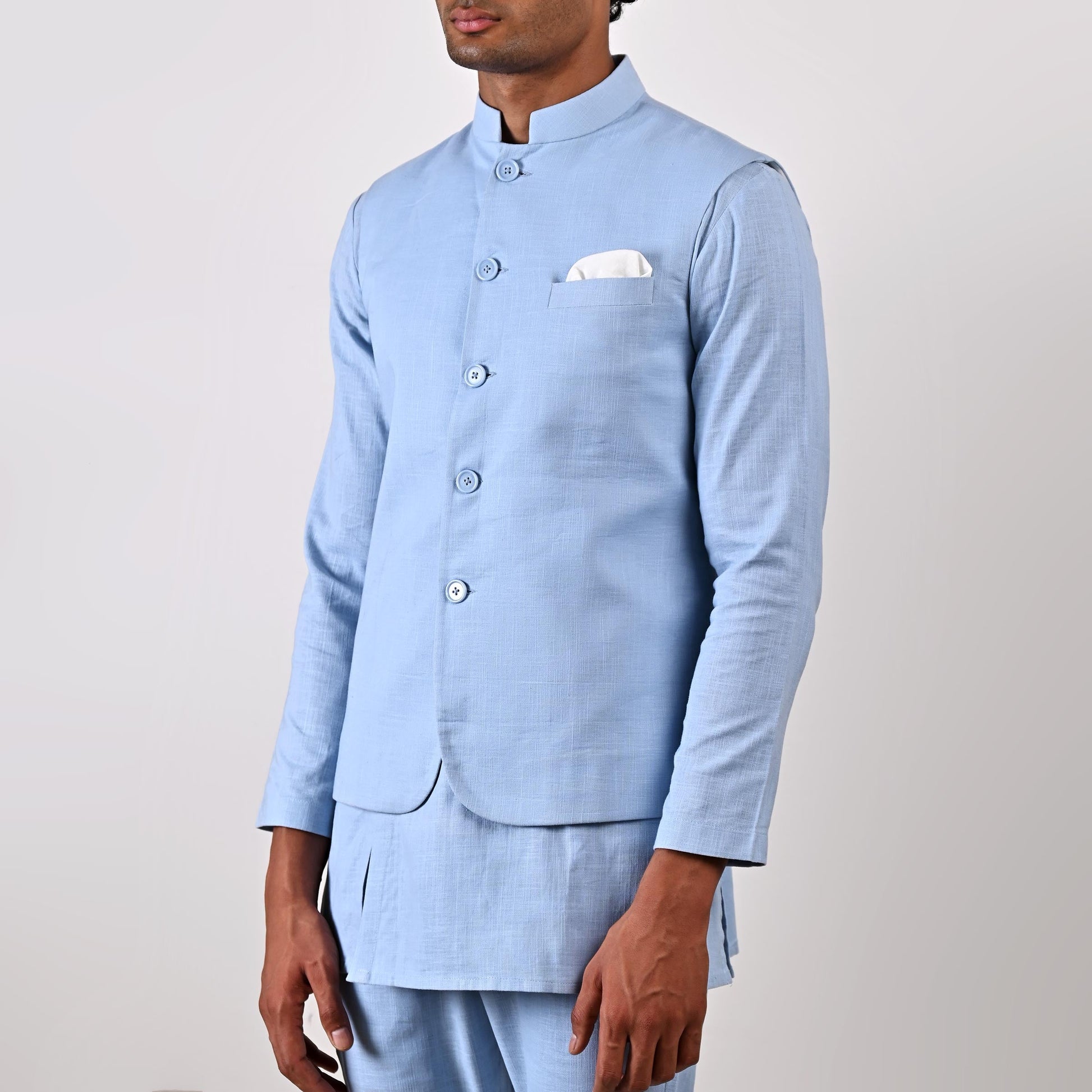 Ashton - Light Blue Nehru Jacket with Asymmetrical Kurta Set-4